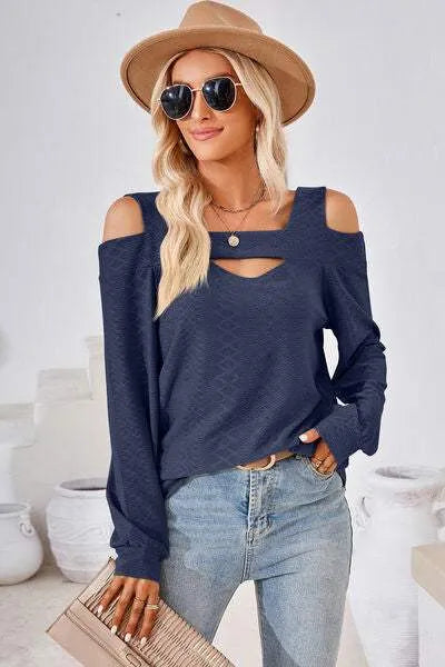 Cutout Square Neck Cold Shoulder T-Shirt Navy Women's T-Shirts - Tophatter Daily Deals